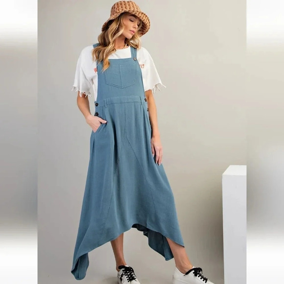 New Easel Poly Linen Jumpsuit Skirtall Dress Blue M - Picture 1 of 5